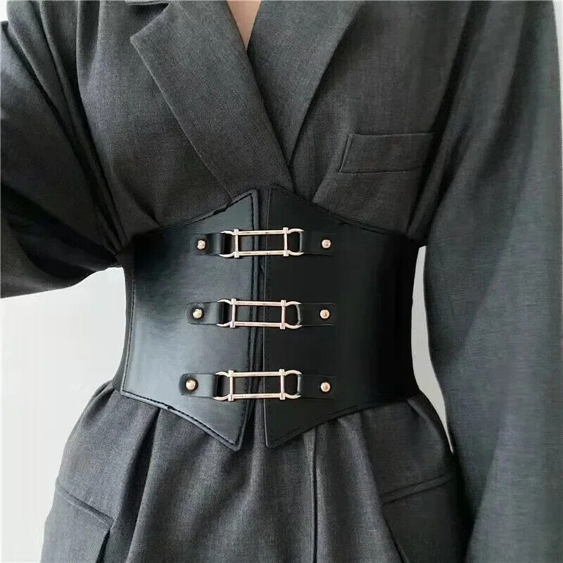 Women Corsets PU Leather Black Sexy Dress Jeans Waistband Wide Belts Cummerbunds