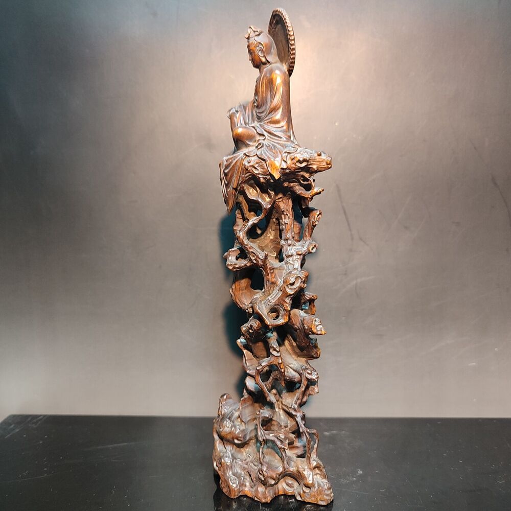 8" Vintage Wooden Ornaments Carved Statue Free Kwan Yin Bodhisattva Wood Figure