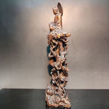 8" Vintage Wooden Ornaments Carved Statue Free Kwan Yin Bodhisattva Wood Figure