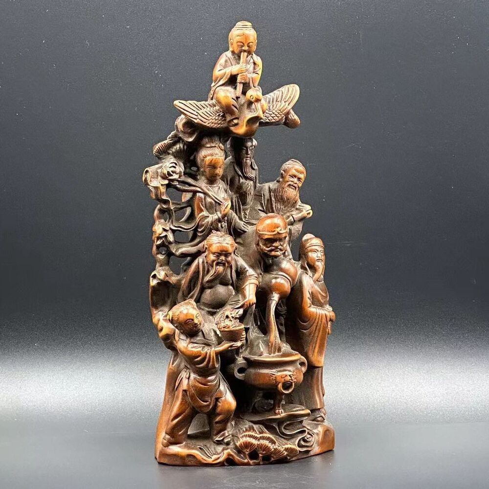 Chinese Boxwood Carving Eight Immortals Figure Statue Wood Sculptures Home Decor