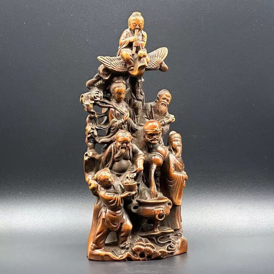 Chinese Boxwood Carving Eight Immortals Figure Statue Wood Sculptures Home Decor