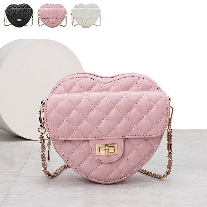 Small Mini Quilted Sheepskin Leather Heart Bag Clutch Shoulder Purse w/ Chain