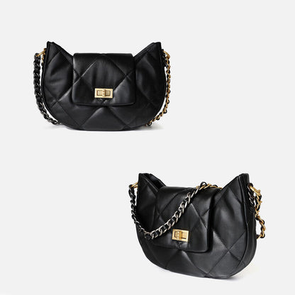 Quilted Real Leather Shoulder Bag Small Flap Purse w/ Chains Tote Hobo Handbag