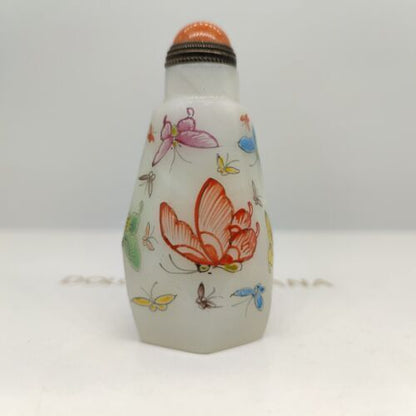 vintage chinese peking glass snuff bottle painted butterfly Liuli painting rare