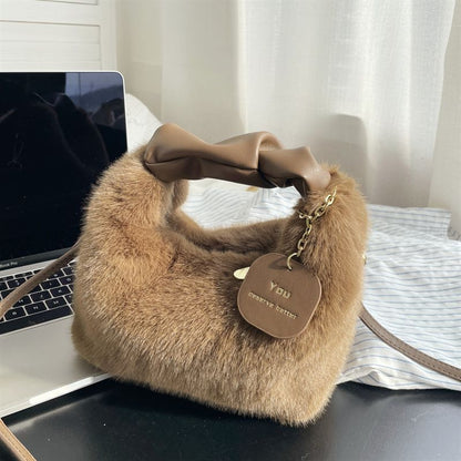 Soft Faux Fur Bag Synthetic Leather Handle Pleated Warm Plush Bags Crossbody 1PC