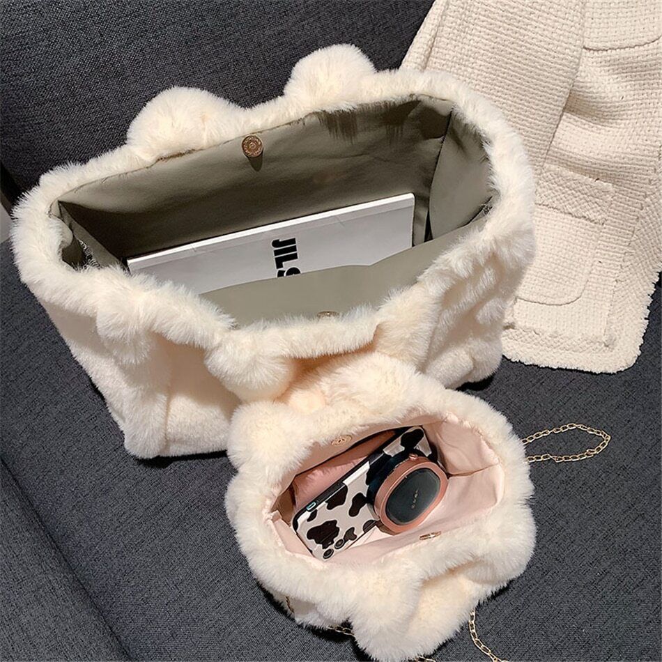 Faux Fur Women's Tote Bag Plush Shoulder Bags Women Soft Top Handbags Warm