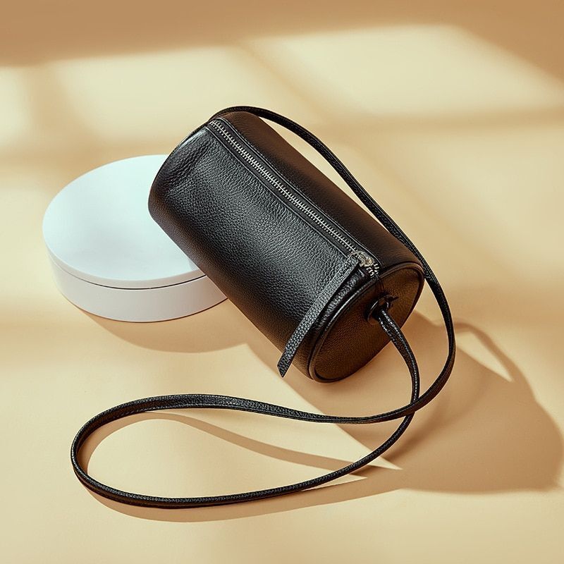 Genuine Leather Bag Crossbody Pouch Round Bags Soft Shoulder Bag Barrel-shaped