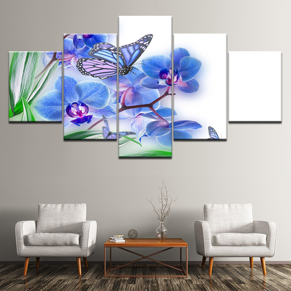 Print on Canvas HD Painting Wall Art Poster 5 panel Blue Butterfly No Framed