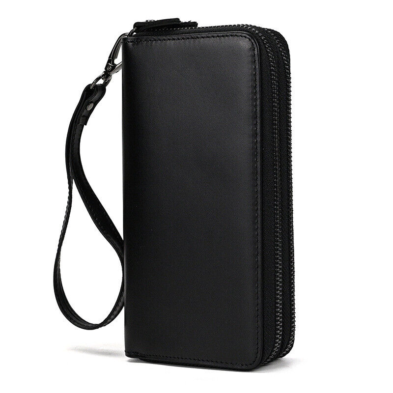 Top- Grain Leather Men's Clutch Bag, Long Zipper Wallets Retro Handbags