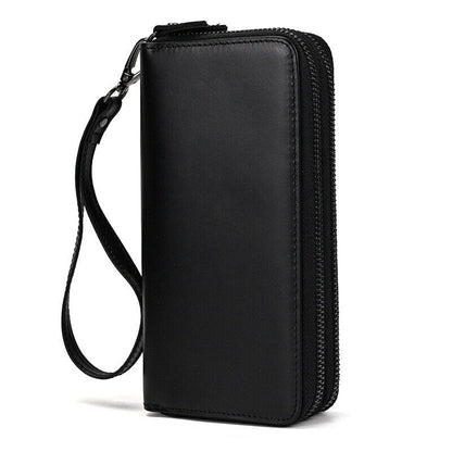 Top- Grain Leather Men's Clutch Bag, Long Zipper Wallets Retro Handbags