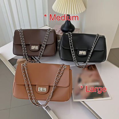 Real Leather Small Flap Purse Shoulder Bag Double Chains Crossbody Work Handbag