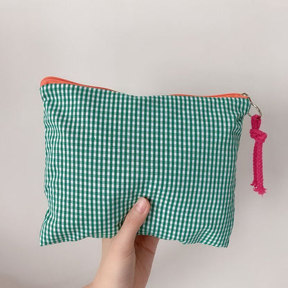 Plaid Cosmetic Bags Multipurpose Toiletry Cotton Zipper Pouch Travel Makeup Bag