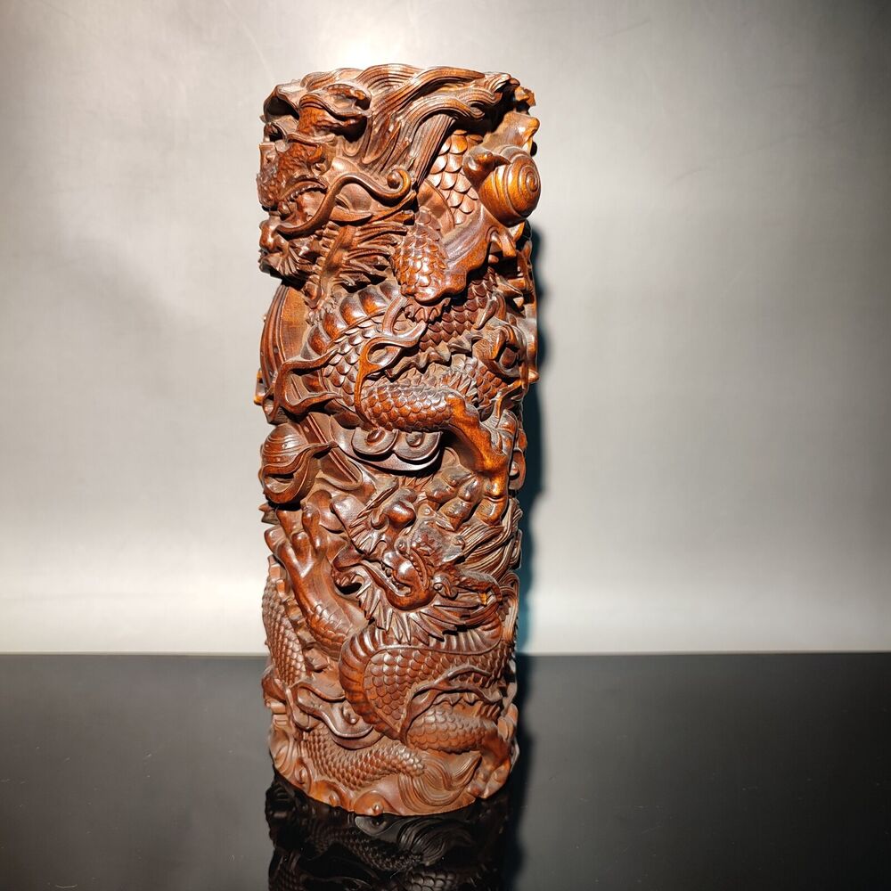7"dragon statue desk study room chinese wood brush pot wooden decor carving home