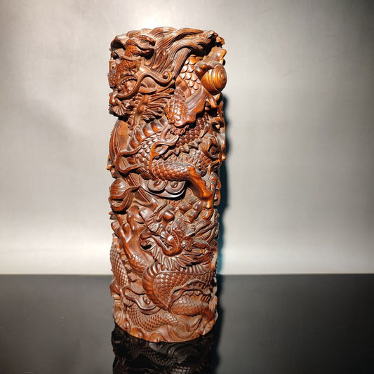 7"dragon statue desk study room chinese wood brush pot wooden decor carving home