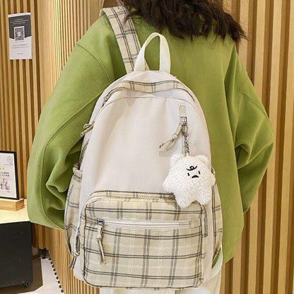 Canvas Backpacks School Small Plaid School Bookbag 26*12*37 CM Zipper Green Pink