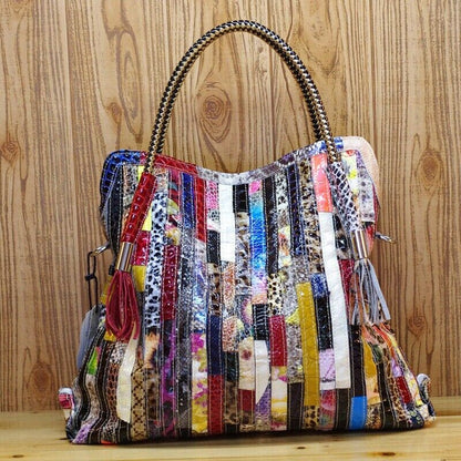 Women's Genuine Leather Snake Stripes Colorful Handbag Shoulder Satchel Tote Bag