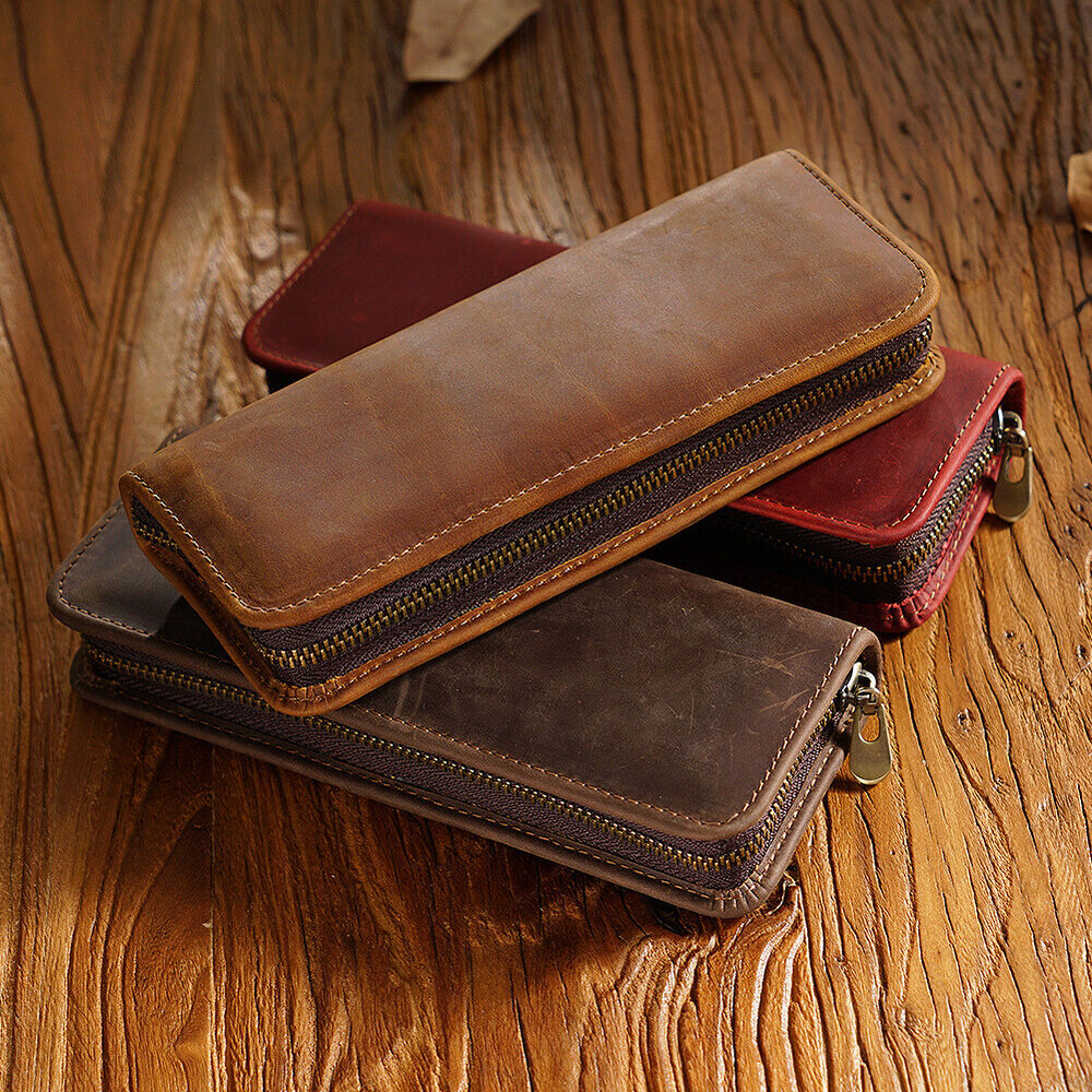 Handmade Crazy Horse Leather Square Pen Bag Men's Zipper Creative Pencil Case