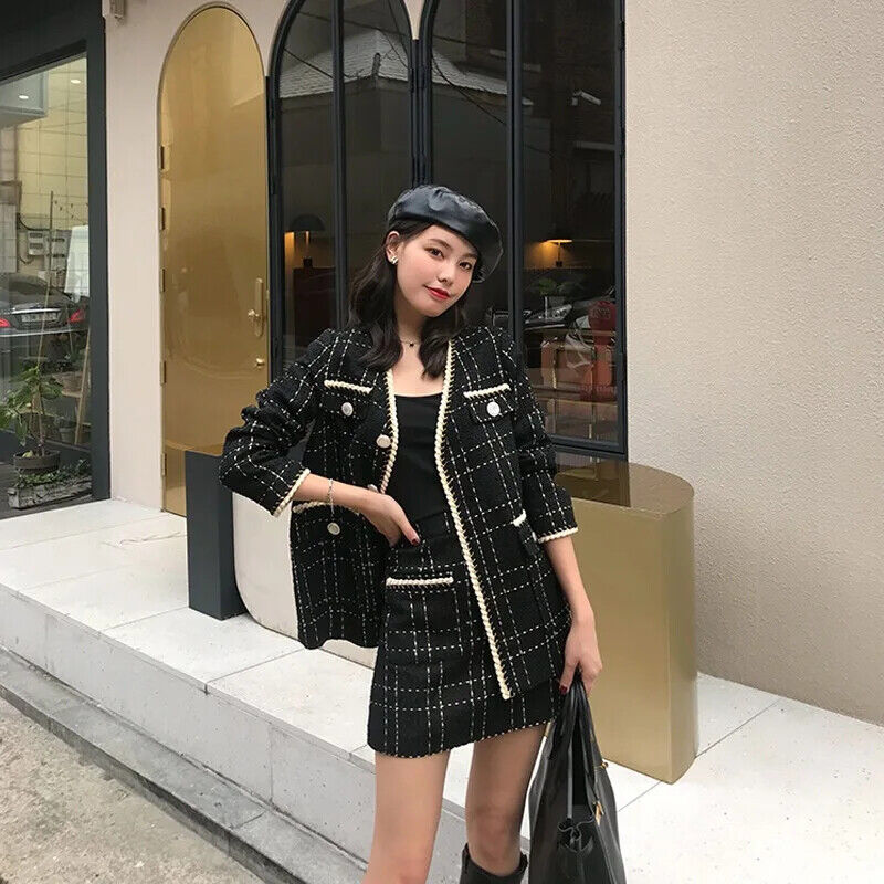 Plaid Tweed Jacket Coat + Mini Skirt Set Women 2 Piece Set Outfits Tracksuit