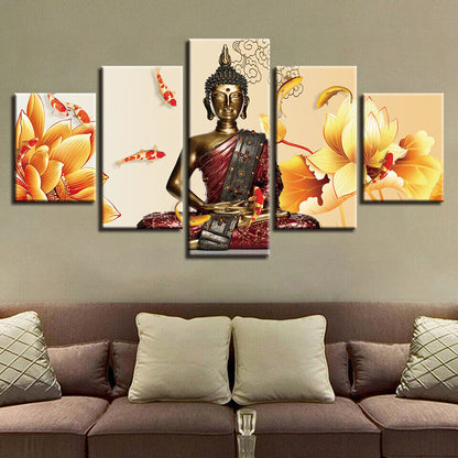 Buddha Meditation Statue Lotus Koi Fish Canvas Prints Painting Wall Art Decor 5P