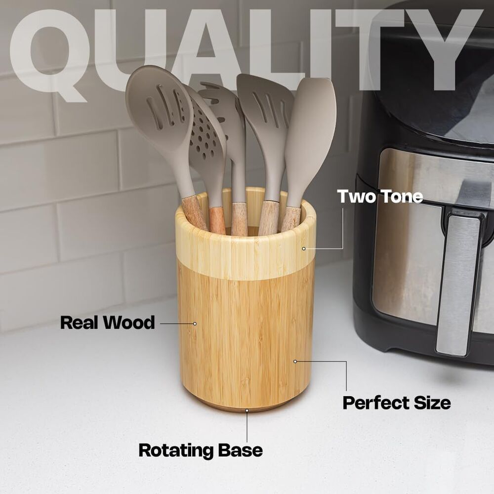 Rotating Bamboo Utensil Holder for Kitchen Counter Wooden Home Decoration Gift