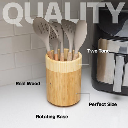 Rotating Bamboo Utensil Holder for Kitchen Counter Wooden Home Decoration Gift