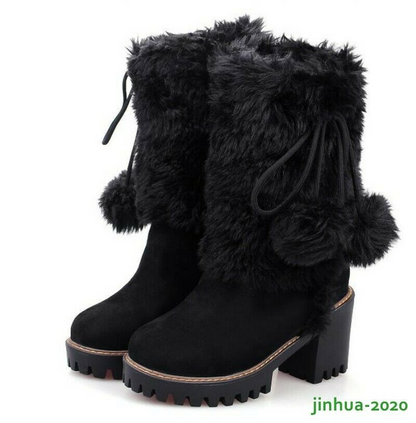 Winter Womens Girl Warm Fur POMPOM Snow Boots Block High Heels Shoes Ankle Boots