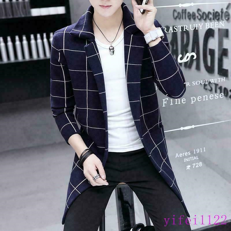 Mens Kint Cardigan Sweater Checks Korean Long Slim Lapel Outwears Coats Jackets
