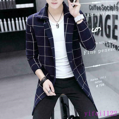 Mens Kint Cardigan Sweater Checks Korean Long Slim Lapel Outwears Coats Jackets