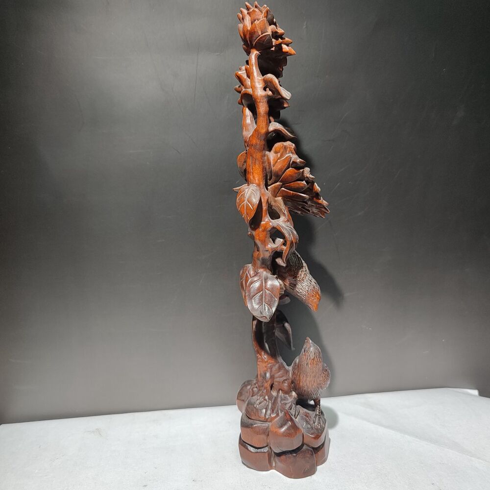 10" chinese boxwood carving Nature Scene bird sunflower Large statue home decor