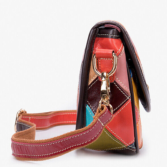 100% Genuine Leather Bags Colorful Blocks Patchwork Women's Sling Shoulder Bag