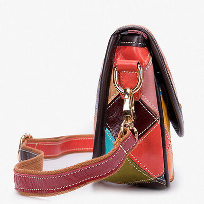 100% Genuine Leather Bags Colorful Blocks Patchwork Women's Sling Shoulder Bag