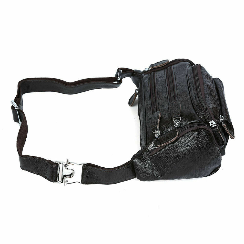 Coffee Men Real Cow Leather Small Belt Bum Bag Waist Fanny Pack Sport Backpack