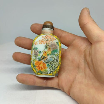 peking glass snuff bottle hand painted flowers qing rare signed bird snuffbox