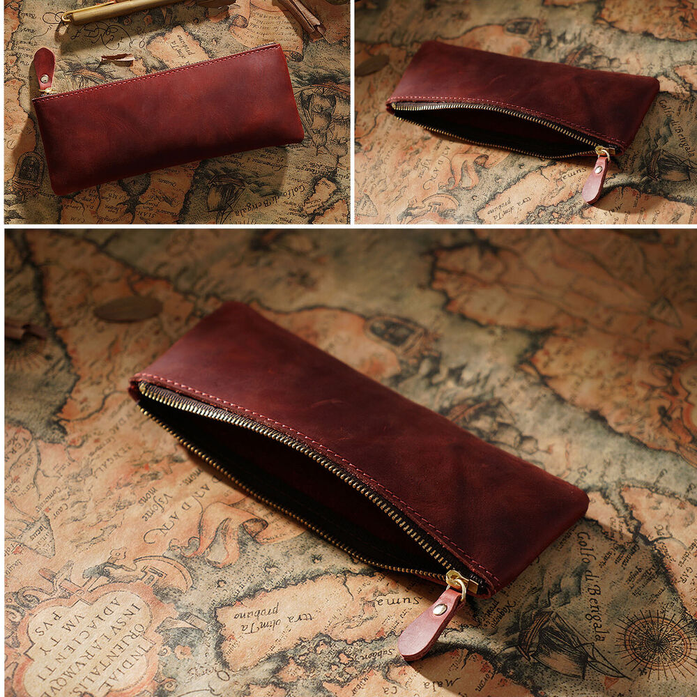 Handmade Cowhide Leather Vintage Zipper Pen Pencil Case Stationery Storage Bag