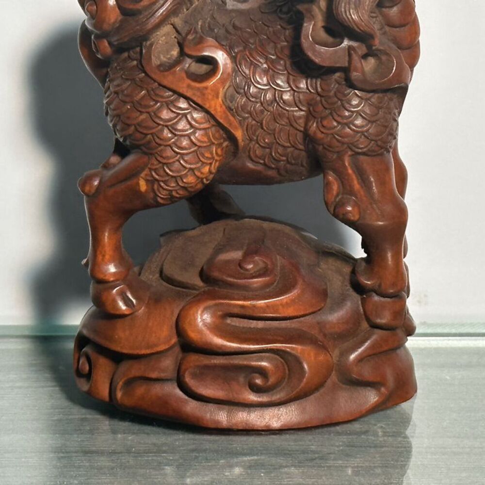Chinese Boxwood Carving Unicorn Statue Decoration Woodwork Figurines Craft Gift