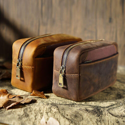 Handmade Cowhide Leather Pen Pouch Zipper Pencil Case Stationery Storage Pen Bag