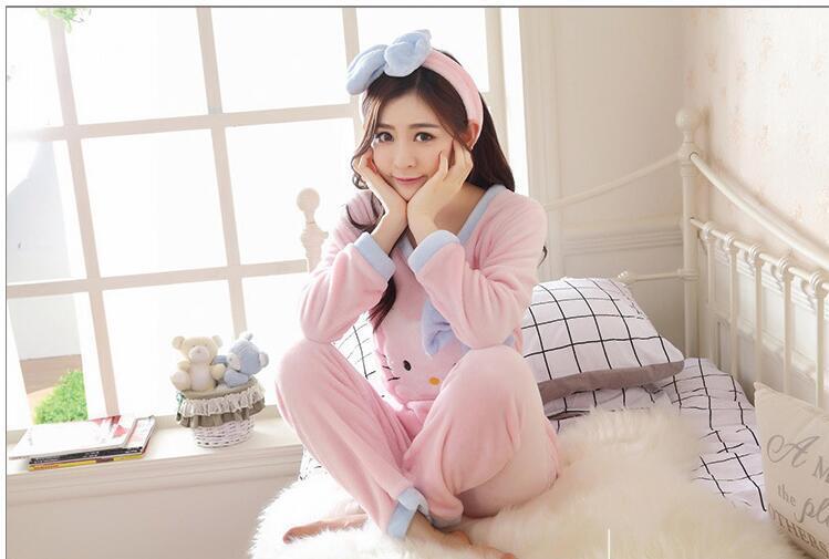 Cute For Hello Kitty Soft Winter Warm Womens Sleepwear Pajamas Set c/w Hairband