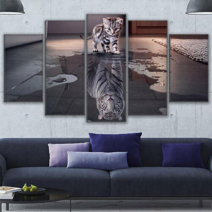 Kitten Tiger reflection Dream 5 Pcs Canvas Wall Art Painting Poster Home Decor