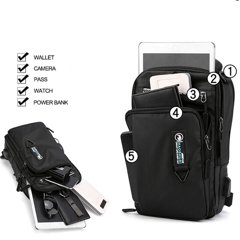 Men Nylon Waterproof Phone Chest Bag USB Small Crossbody Sling Bag Shoulder Bag