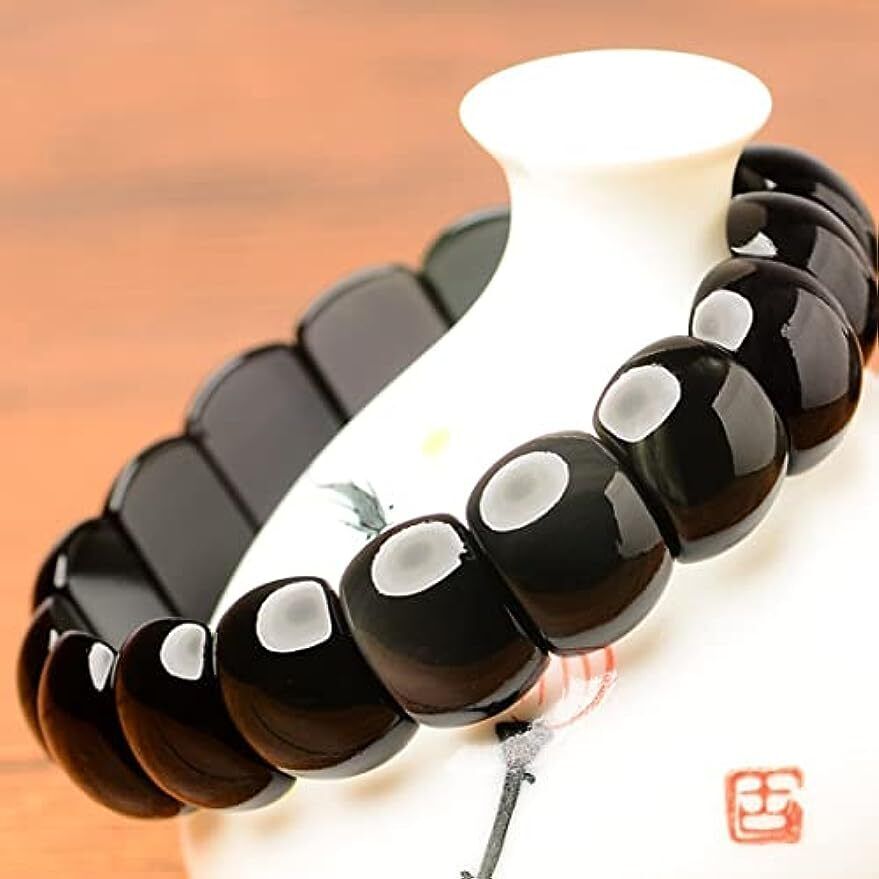 Women Bracelet Black Obsidian Crystal Flat Beads Stretch Hand Row Elastic String