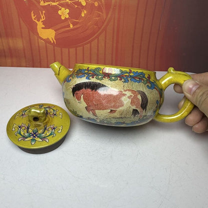 Vintage China Yixing Purple Clay Teapot Zisha Ceremony Enamel Animal Tea Set Art