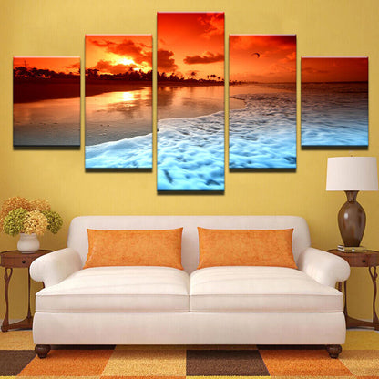 Sunset Glow Beach Sea Wave 5 Pieces canvas Wall Art Print Picture Home Decor