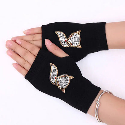 Women Fingerless Gloves Black Colour Half Finger Animals Pattern Rose Embroidery