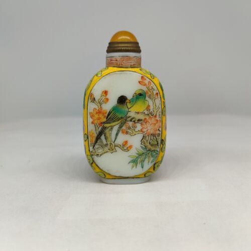 vintage chinese peking glass snuff bottle hand painted parrot bird flower qing