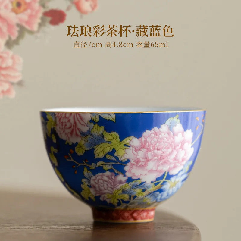 65ml Chinese Enamel Tea Cup Ceramic Peony Master Cup Tea Set Small Tea Bowl