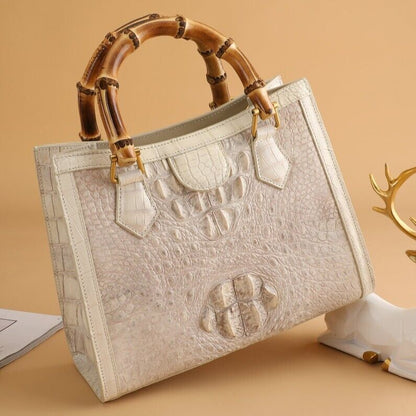 Handcrafted White CrocodileSkin Leather Handbag, Luxury Bamboo Bag for Women