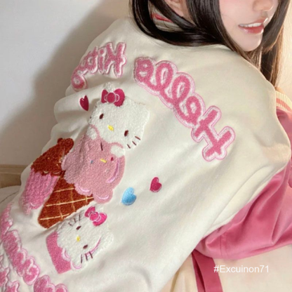 Cute womens Hello Kitty Loose Harajuku Jacket Street pink Baseball Uniform Coat