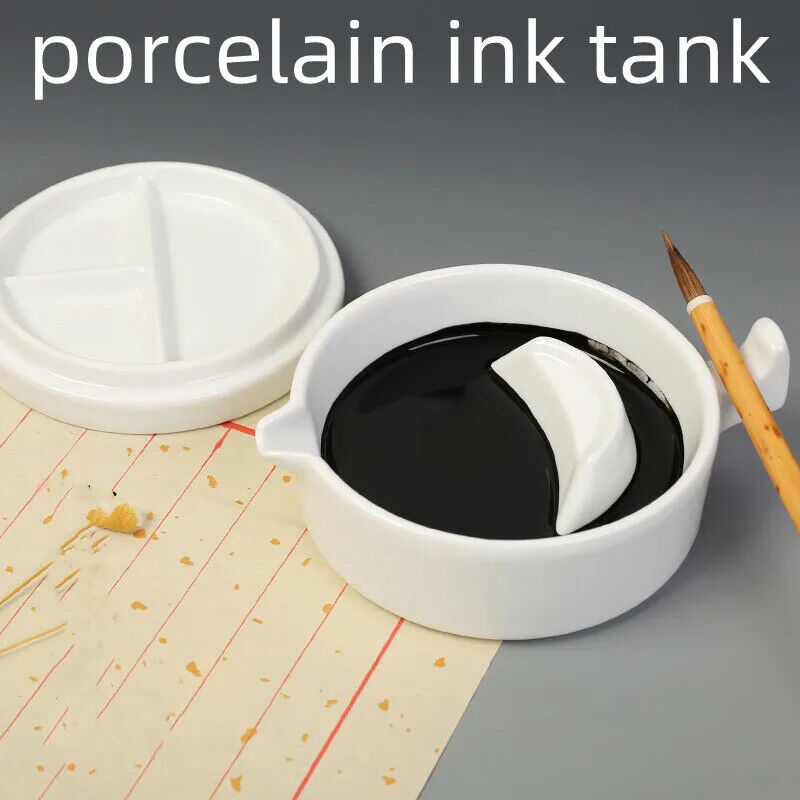 Ceramic Ink Plate White Porcelain W/ Lid Calligraphy Painting Palette 10.5x4.9cm