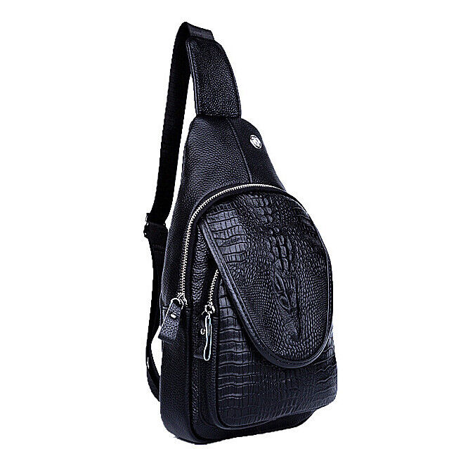Men's Sling Backpack, 100% Genuine Leather Crocodile Crossbody Chest Bag Daypack