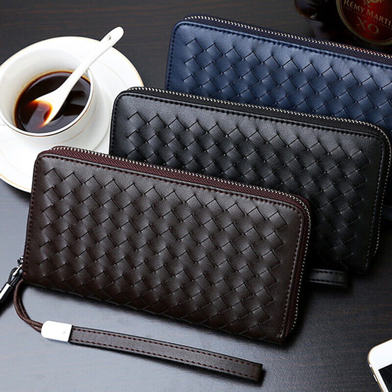 Men's Long Wallet New Designer Weaving Clutch Wallet Microfiber Leather Bag